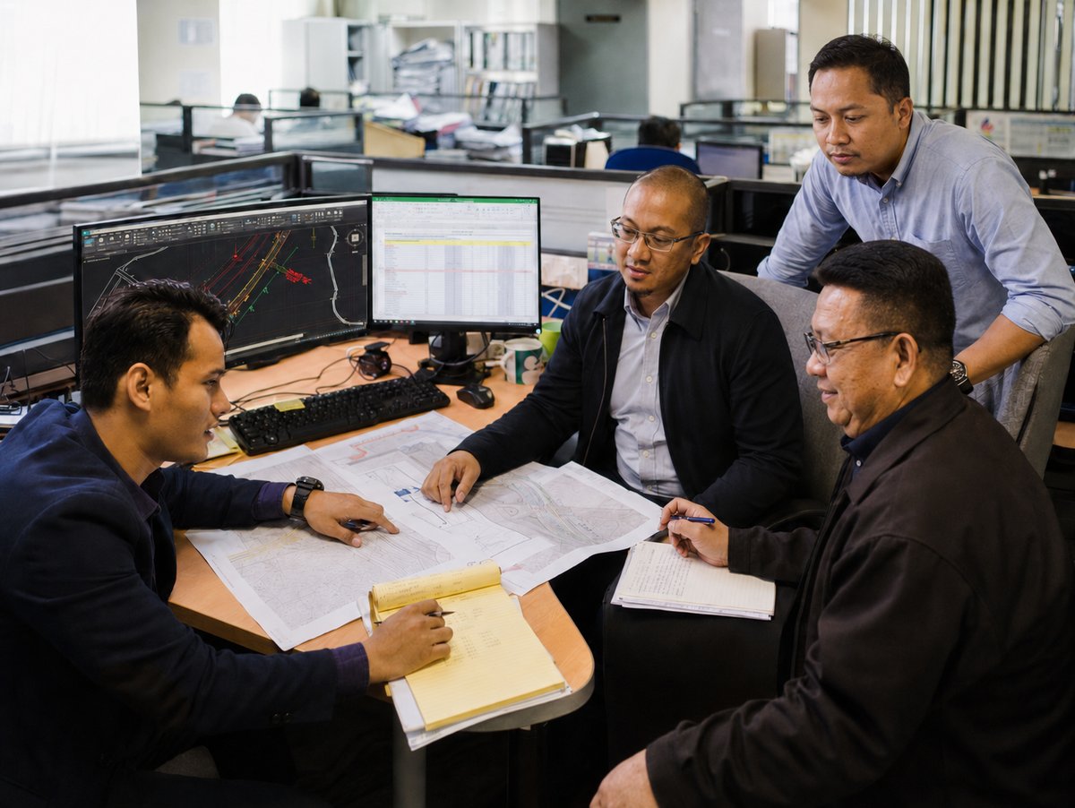 DPI Konsult engineers reviewing project drawings and CAD information at the office